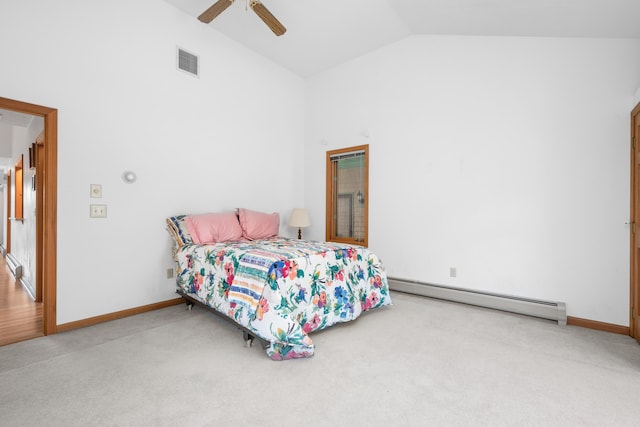 carpeted bedroom featuring ceiling fan, a baseboard radiator, and lofted ceiling