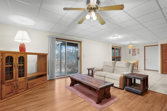 living room with ceiling fan, a paneled ceiling, and light wood-type flooring