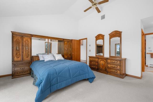 carpeted bedroom with a baseboard radiator, high vaulted ceiling, and ceiling fan