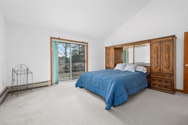 bedroom featuring a baseboard radiator, access to exterior, high vaulted ceiling, and light carpet