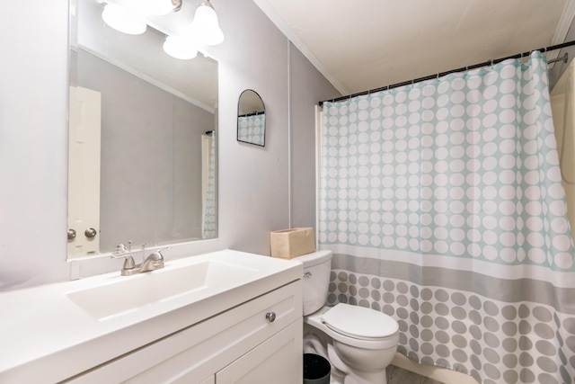 248 Mattapoisett Rd, Acushnet, MA 02743 - bathroom featuring crown molding, toilet, vanity, and a shower with shower curtain