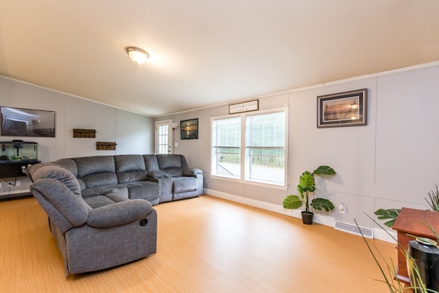 248 Mattapoisett Rd, Acushnet, MA 02743 - living room with wood finished floors, vaulted ceiling, crown molding, and baseboards