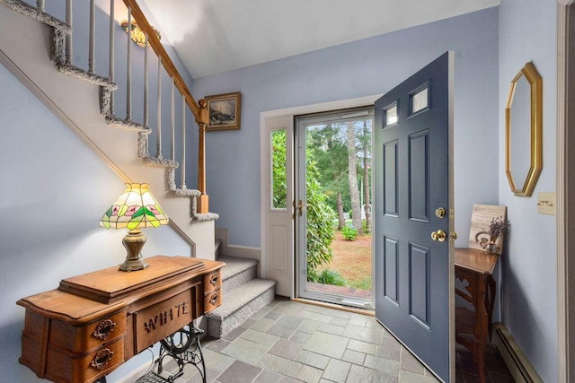 24 Indigo Ln, Osterville, MA 02655 - foyer featuring stairs, stone tile flooring, and baseboard heating