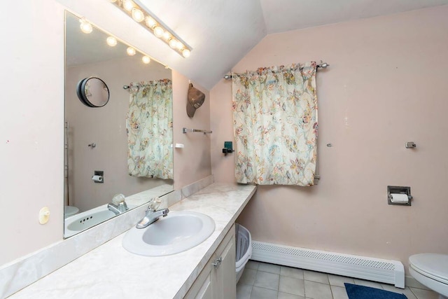 24 Indigo Ln, Osterville, MA 02655 - bathroom featuring a baseboard heating unit, vanity, tile patterned floors, and vaulted ceiling