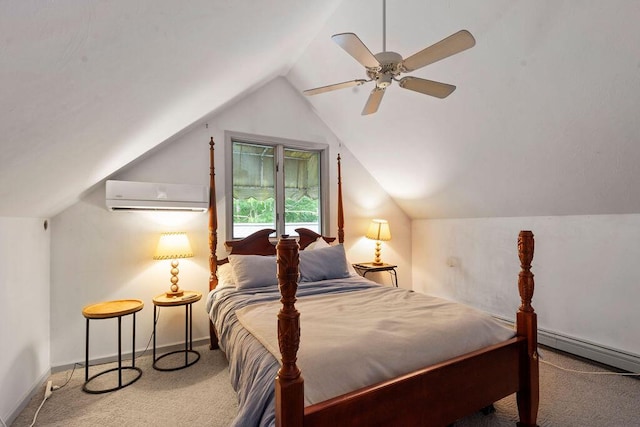 24 Indigo Ln, Osterville, MA 02655 - bedroom with an AC wall unit, carpet, lofted ceiling, a ceiling fan, and a baseboard heating unit