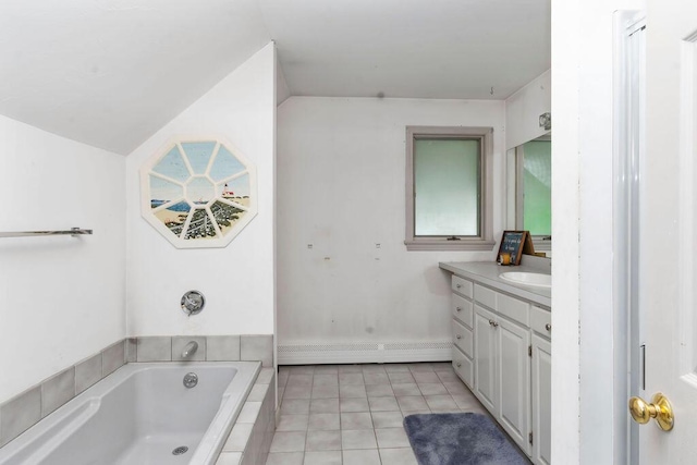 24 Indigo Ln, Osterville, MA 02655 - bathroom featuring a baseboard radiator, vanity, a garden tub, tile patterned floors, and lofted ceiling