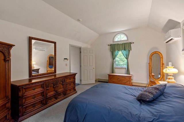 24 Indigo Ln, Osterville, MA 02655 - bedroom featuring a wall mounted air conditioner, vaulted ceiling, carpet floors, a baseboard heating unit, and a baseboard radiator