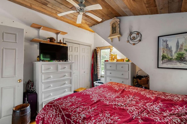 24 Indigo Ln, Osterville, MA 02655 - bedroom with wood ceiling, a closet, and a ceiling fan