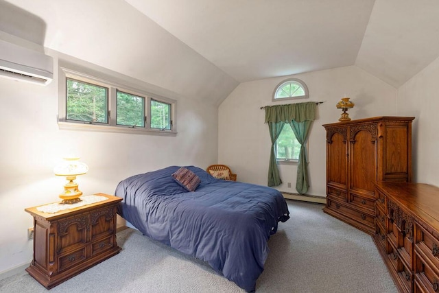 24 Indigo Ln, Osterville, MA 02655 - bedroom featuring a baseboard radiator, carpet, an AC wall unit, and lofted ceiling