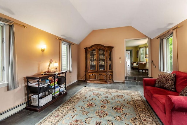 24 Indigo Ln, Osterville, MA 02655 - living area featuring healthy amount of natural light, stone tile floors, a baseboard radiator, and lofted ceiling