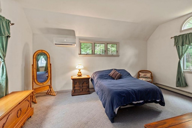 24 Indigo Ln, Osterville, MA 02655 - bedroom featuring a wall mounted air conditioner, lofted ceiling, carpet, and a baseboard radiator