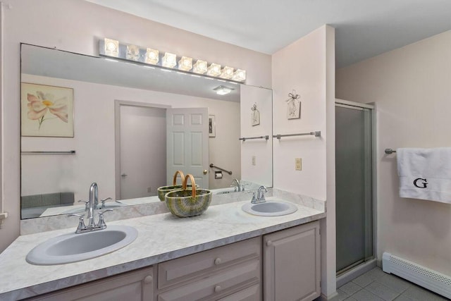 24 Indigo Ln, Osterville, MA 02655 - bathroom featuring a baseboard radiator, tile patterned floors, double vanity, and a shower stall