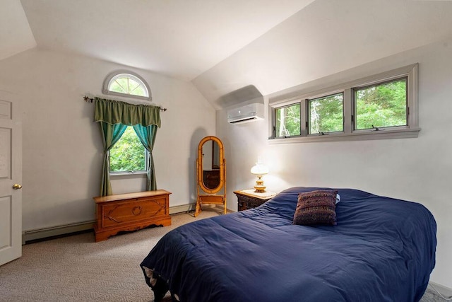 24 Indigo Ln, Osterville, MA 02655 - carpeted bedroom featuring a wall unit AC, vaulted ceiling, and baseboard heating