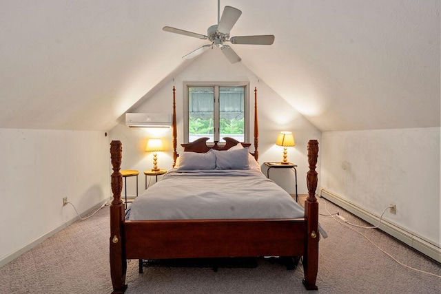 24 Indigo Ln, Osterville, MA 02655 - bedroom with carpet floors, an AC wall unit, a ceiling fan, a baseboard heating unit, and vaulted ceiling