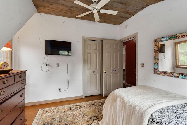24 Indigo Ln, Osterville, MA 02655 - bedroom featuring light wood-type flooring, vaulted ceiling, a closet, a ceiling fan, and wooden ceiling