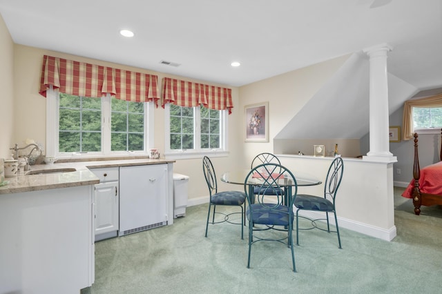 dining area with recessed lighting, visible vents, light colored carpet, and ornate columns