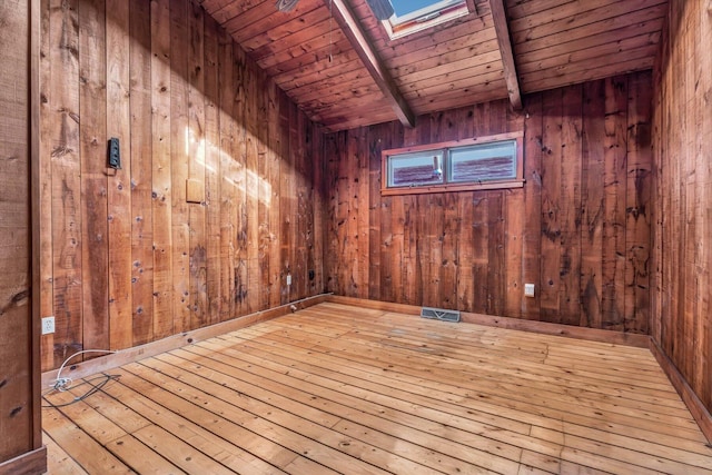 unfurnished room with a skylight, light wood finished floors, beamed ceiling, and wood walls