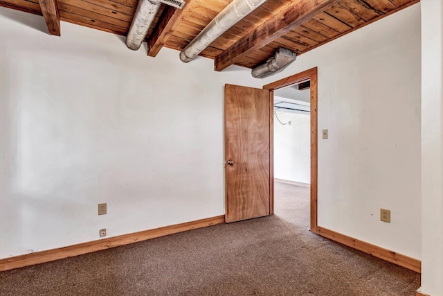 unfurnished room with carpet floors, wood ceiling, baseboards, and beamed ceiling