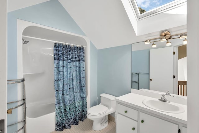 full bathroom featuring tile patterned floors, vanity, toilet, shower / bath combo with shower curtain, and lofted ceiling with skylight