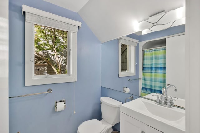 bathroom with vanity, vaulted ceiling, and toilet