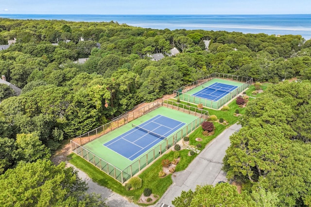 drone / aerial view with a water view and a wooded view