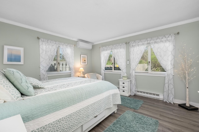 bedroom with crown molding, a baseboard radiator, multiple windows, and a wall mounted air conditioner