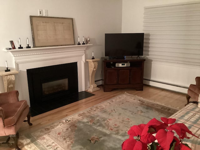 living room featuring light hardwood / wood-style flooring and a baseboard heating unit