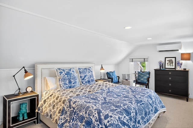 7 Anthony St, Provincetown, MA 02657 - bedroom featuring carpet floors, an AC wall unit, vaulted ceiling, and recessed lighting