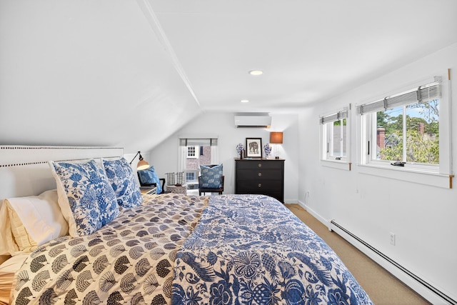 7 Anthony St, Provincetown, MA 02657 - carpeted bedroom featuring a baseboard heating unit, vaulted ceiling, a wall mounted air conditioner, and recessed lighting