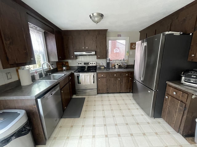 kitchen featuring decorative backsplash, sink, dark brown cabinetry, and appliances with stainless steel finishes