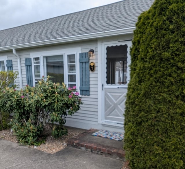 doorway to property featuring a shingled roof