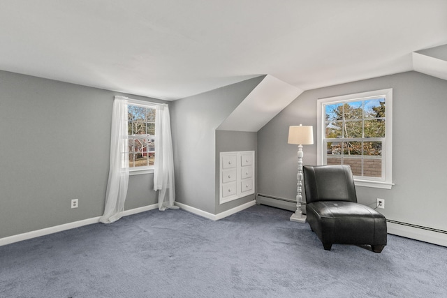 unfurnished room featuring lofted ceiling, carpet flooring, and baseboard heating