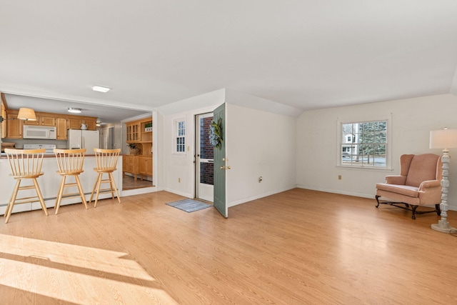 living room featuring lofted ceiling, built in shelves, light hardwood / wood-style floors, and baseboard heating