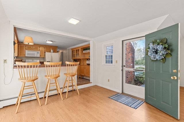 entrance foyer with baseboard heating and light hardwood / wood-style flooring