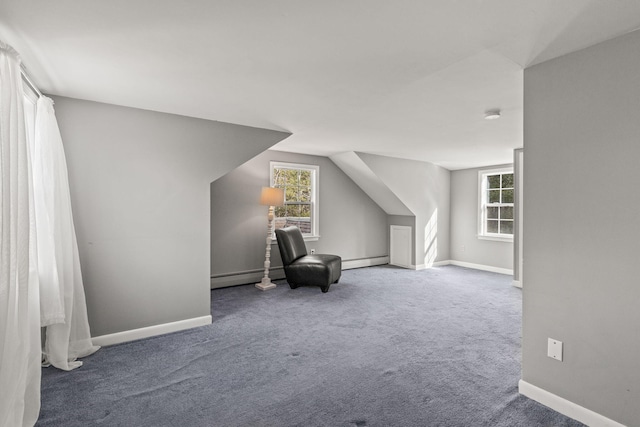 additional living space featuring lofted ceiling, carpet flooring, and a baseboard heating unit