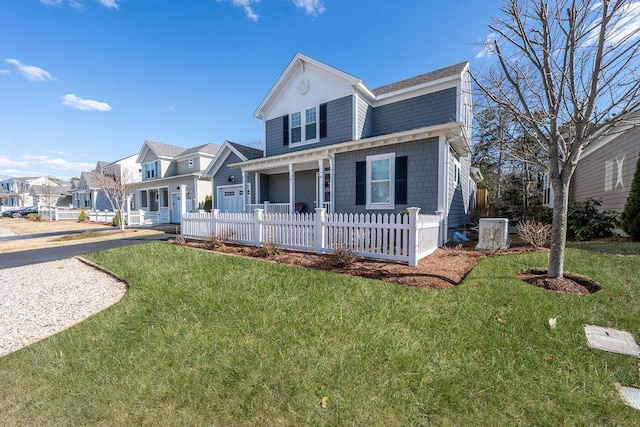 view of front of property with a fenced front yard, a residential view, central AC unit, and a front yard