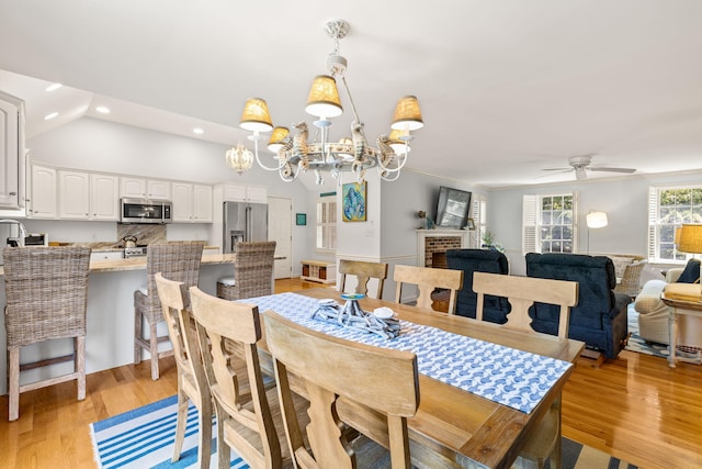 74 Deering Dr, Chatham, MA 02633 - dining space with recessed lighting, ceiling fan, a chandelier, and light wood finished floors