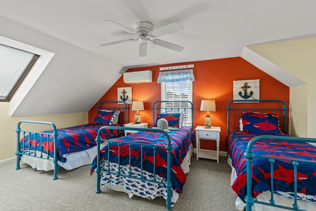 74 Deering Dr, Chatham, MA 02633 - carpeted bedroom with a wall unit AC, ceiling fan, and vaulted ceiling