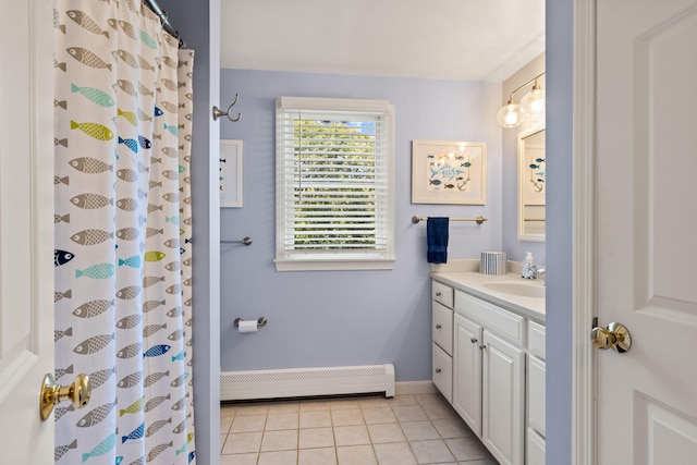 74 Deering Dr, Chatham, MA 02633 - full bath with baseboard heating, vanity, tile patterned flooring, and a shower with curtain