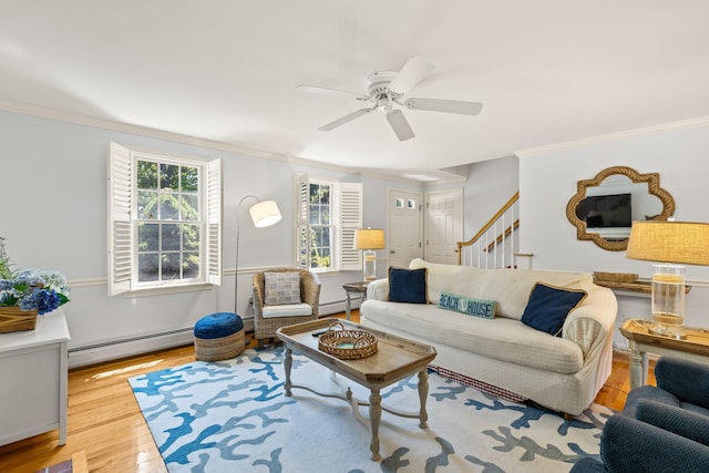 74 Deering Dr, Chatham, MA 02633 - living room with a baseboard heating unit, ornamental molding, ceiling fan, wood finished floors, and stairway