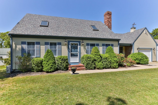 74 Deering Dr, Chatham, MA 02633 - cape cod home with a garage, a front lawn, a chimney, and a shingled roof