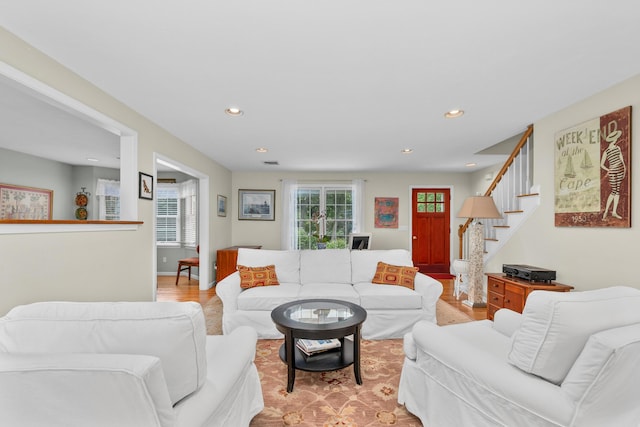 2 Julie Ln, Cotuit, MA 02635 - living area featuring light wood-type flooring, recessed lighting, and stairs