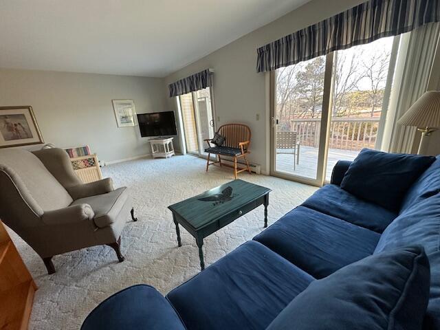 living area featuring baseboards and carpet flooring