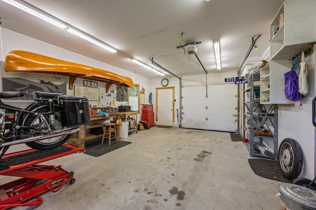 garage with a workshop area