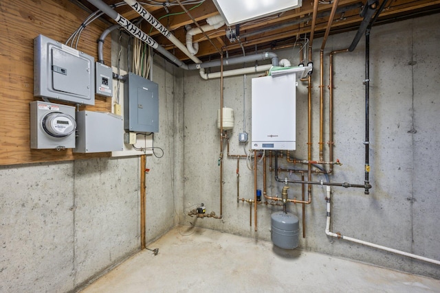 utility room with tankless water heater and electric panel