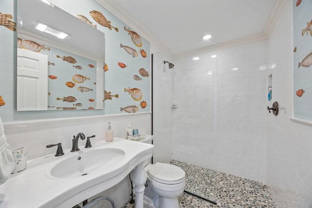 30 Tisquantum Rd, Chatham, MA 02633 - full bath featuring ornamental molding, a tile shower, and tile walls
