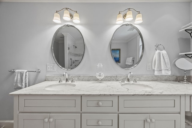 30 Tisquantum Rd, Chatham, MA 02633 - bathroom with double vanity, a shower, and crown molding