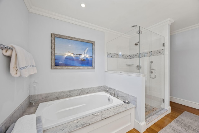 30 Tisquantum Rd, Chatham, MA 02633 - full bath featuring a bath, a shower stall, crown molding, and wood finished floors
