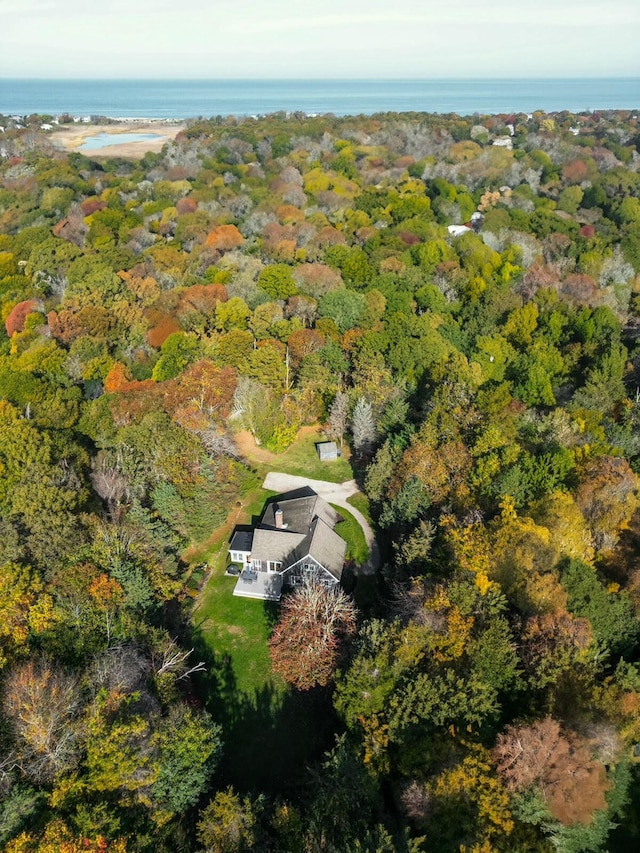 drone / aerial view with a water view and a view of trees