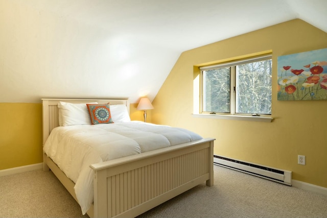 bedroom featuring baseboards, light colored carpet, vaulted ceiling, and baseboard heating